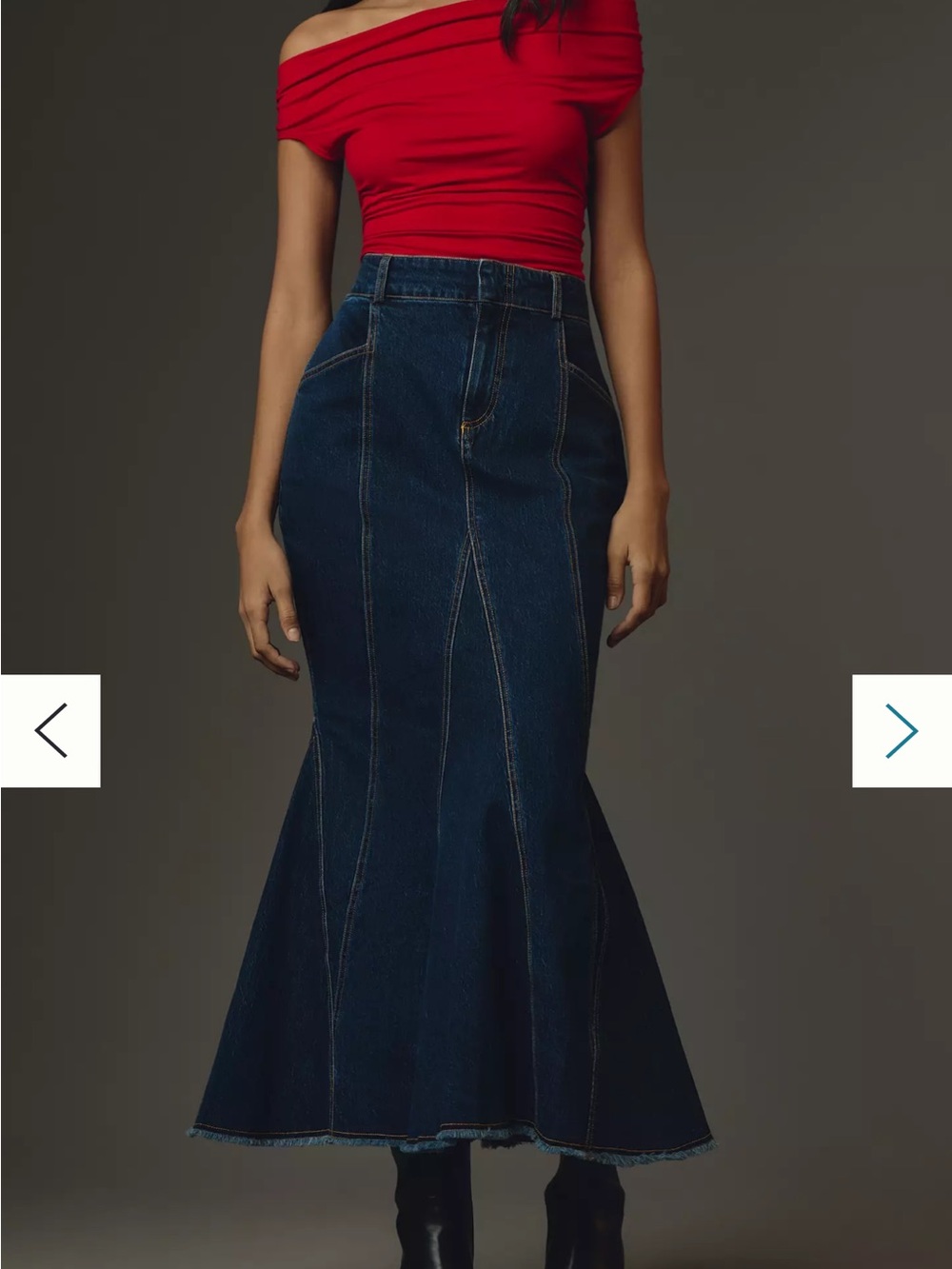 PILCRO Anthropologie Fluted Denim Maxi Skirt Dark Wash Raw Hem Size 12 - Picture 4 of 16
